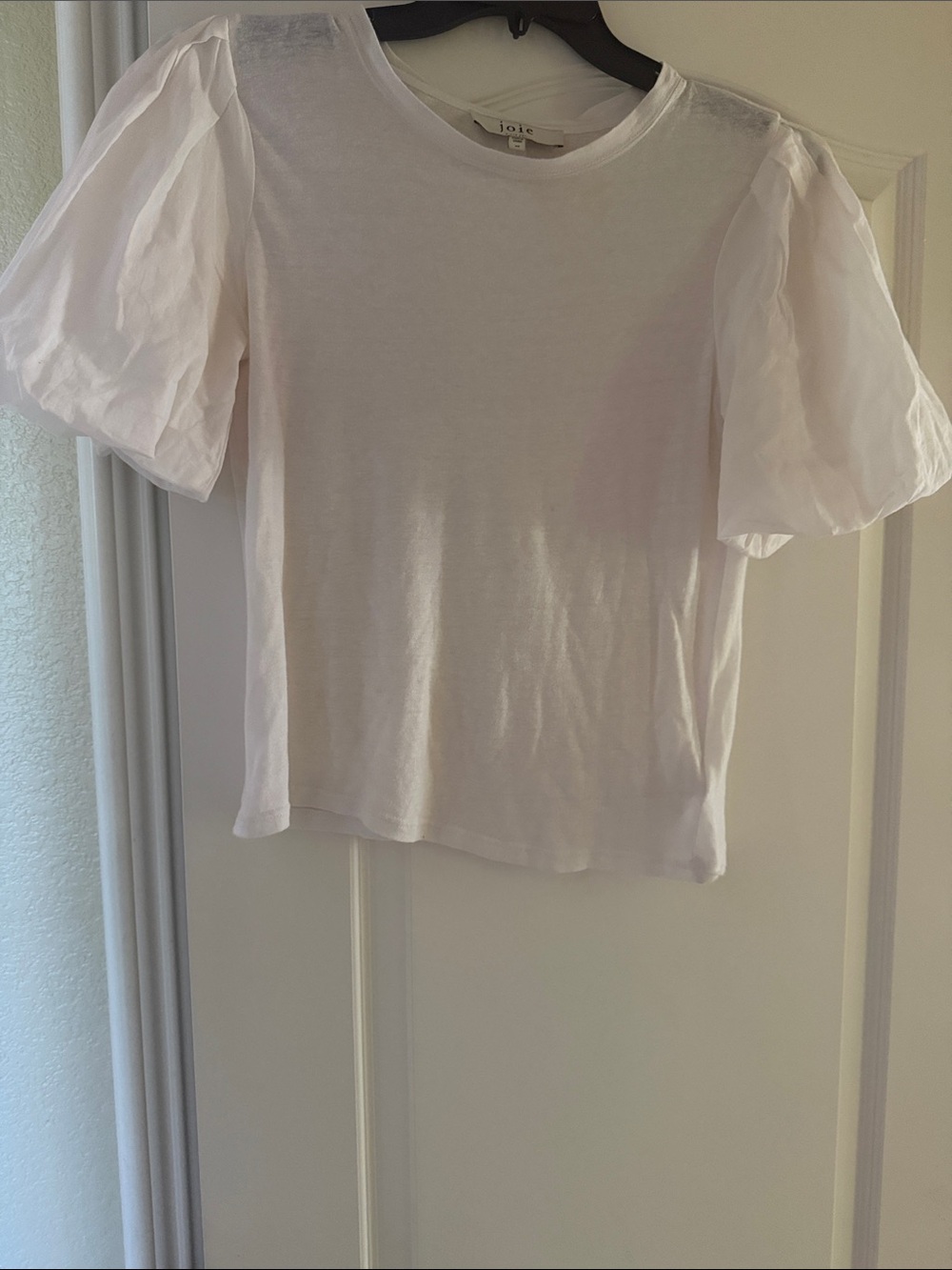 Joie White Puff Sleeve Cotton Tee with Sheer Sleeves